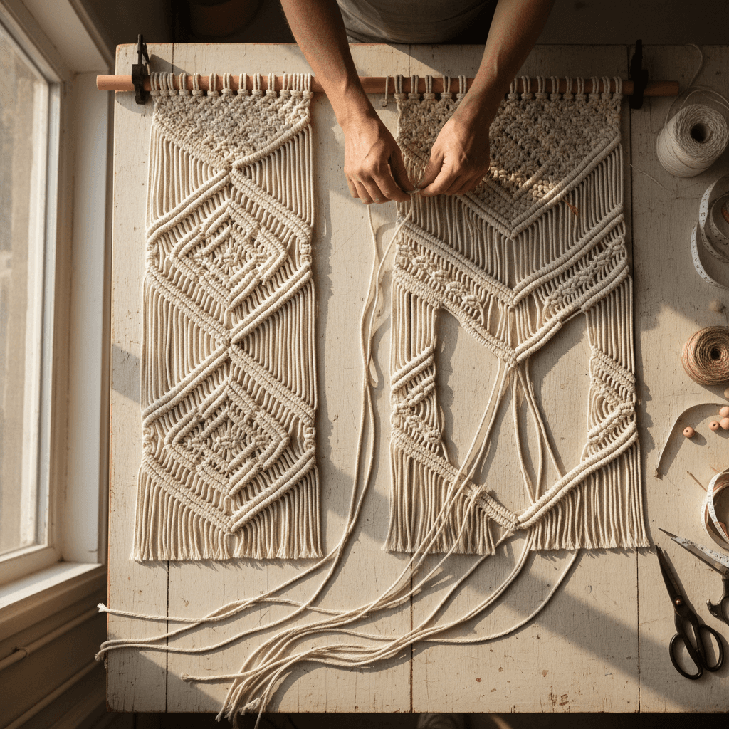 Macramé knotwork in progress with geometric patterns