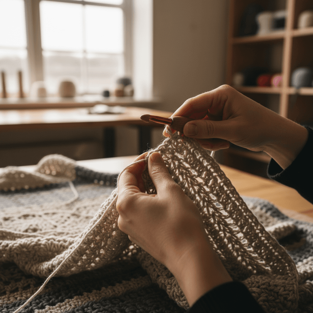 Artisan hands demonstrating advanced crochet technique and stitch precision