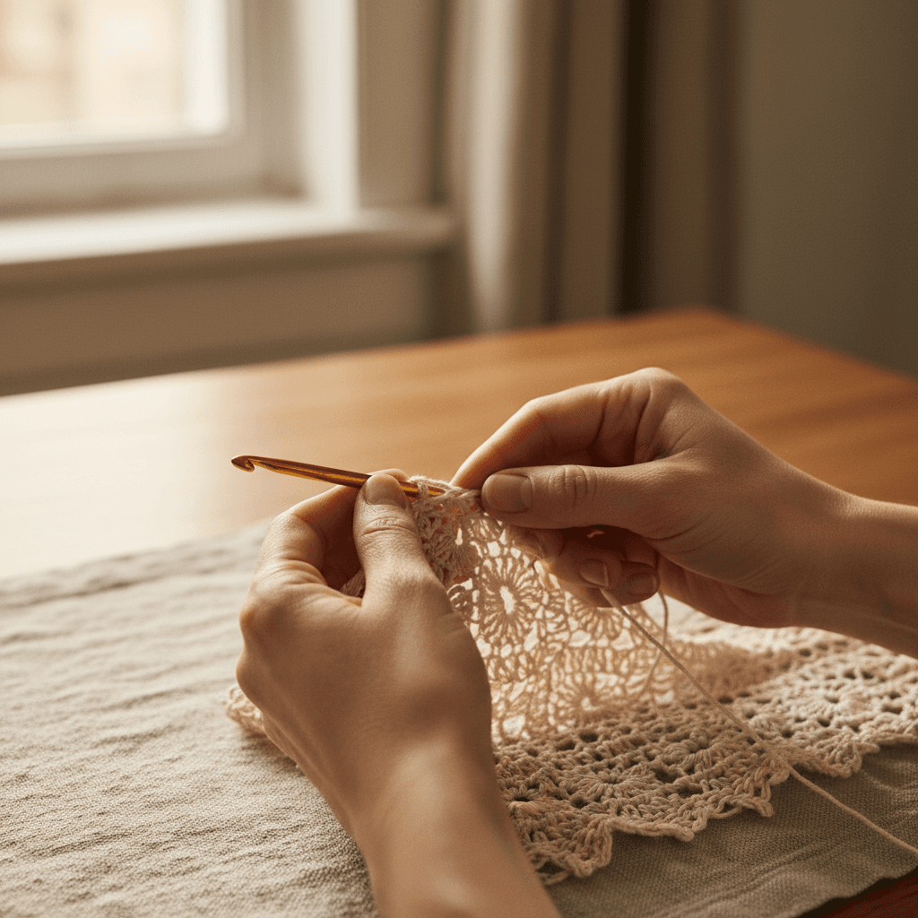 Close-up of intricate crochet craftsmanship