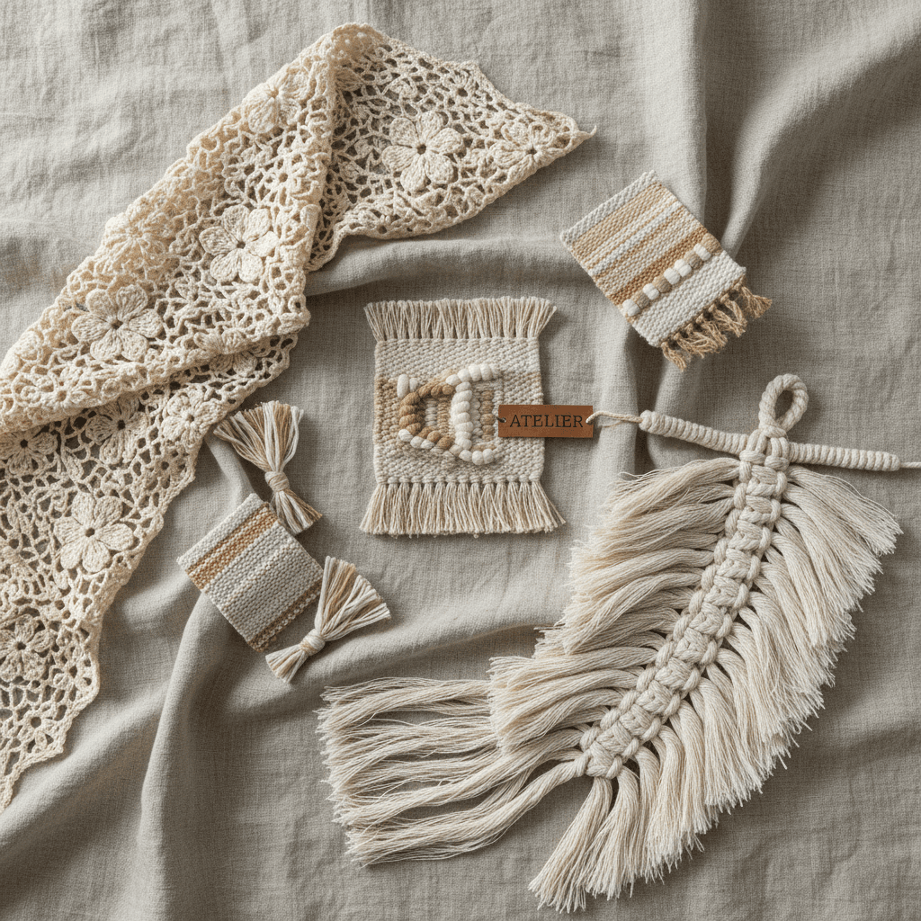 Collection of finished textile samples arranged together
