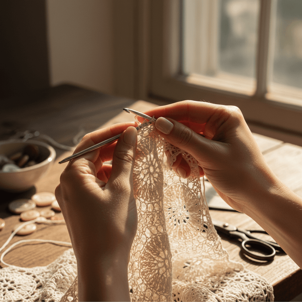 Artistic crochet hands and detailed textile work