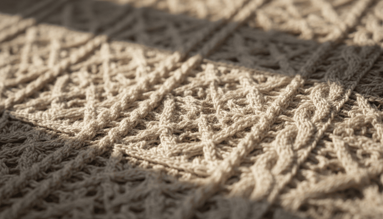 Close-up detail of intricate hand-crochet textile work showing fine artisanal stitching and dimensional pattern complexity