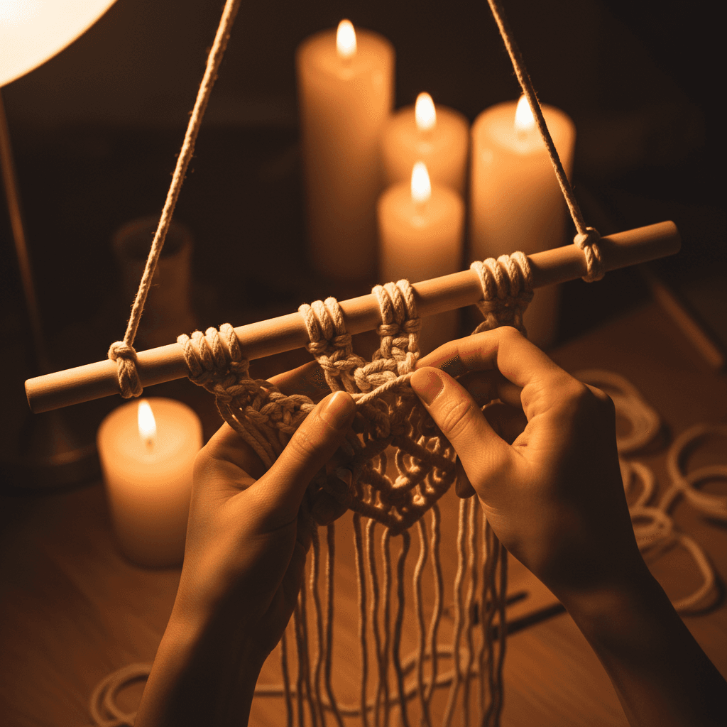 Hands creating macramé knots with detail visible