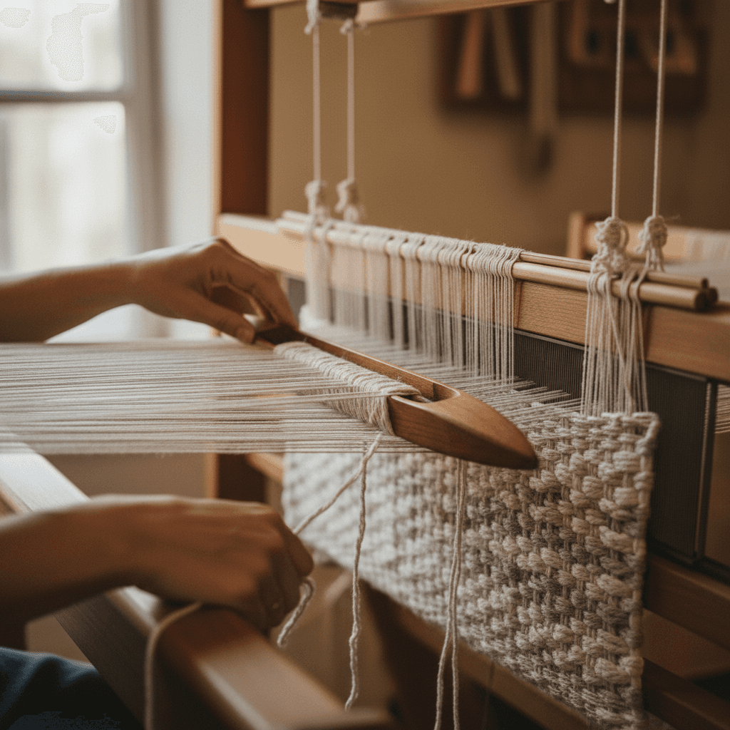 Manual hand weaving on traditional loom