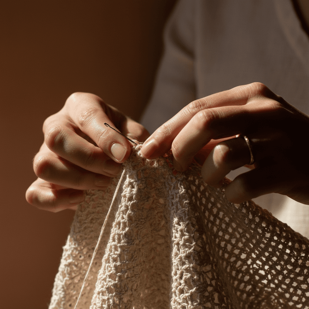Close-up of artistic crochet stitching with hands at work