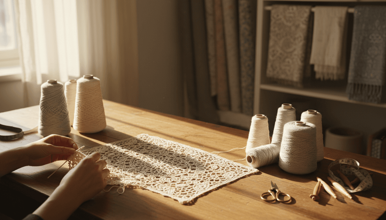 Artisan hands carefully working on intricate crochet textile at a sunlit wooden workstation