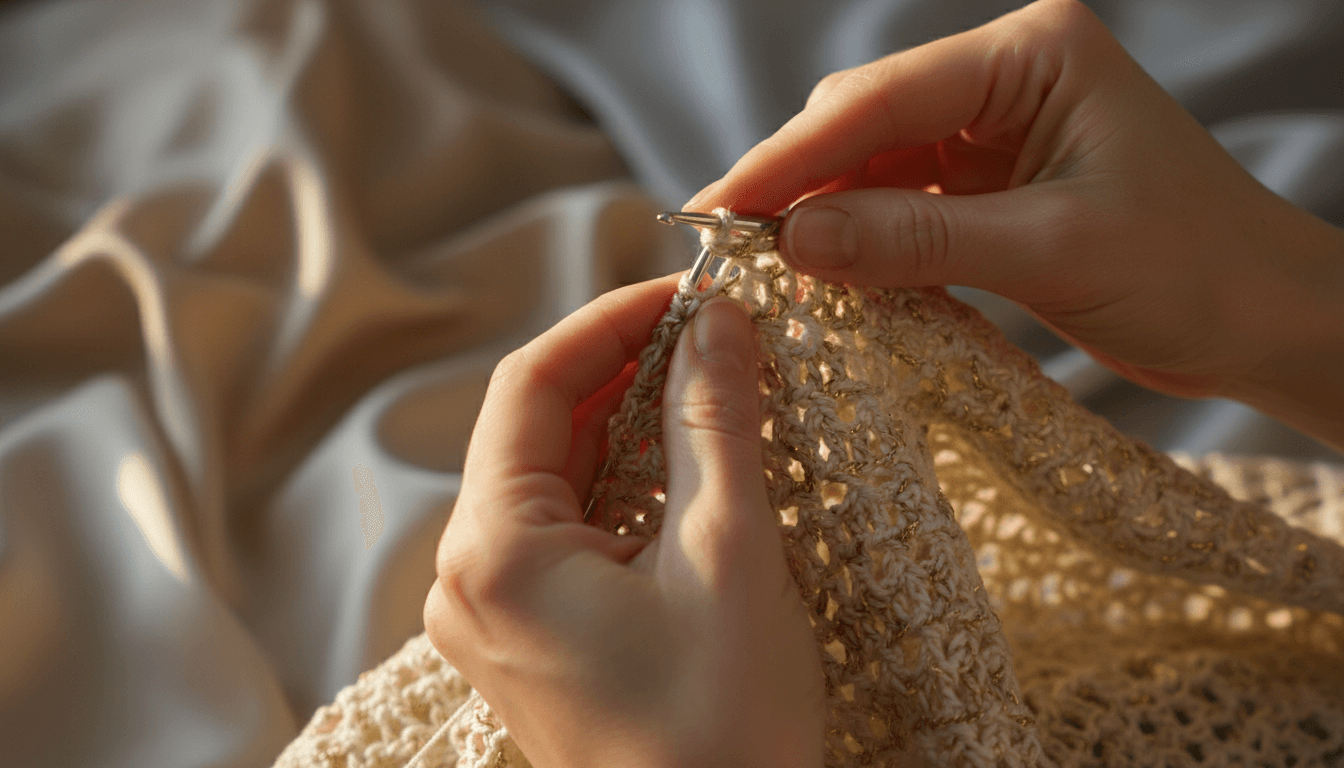 Close-up of intricate crochet textile work showing detailed stitching and precision craftsmanship