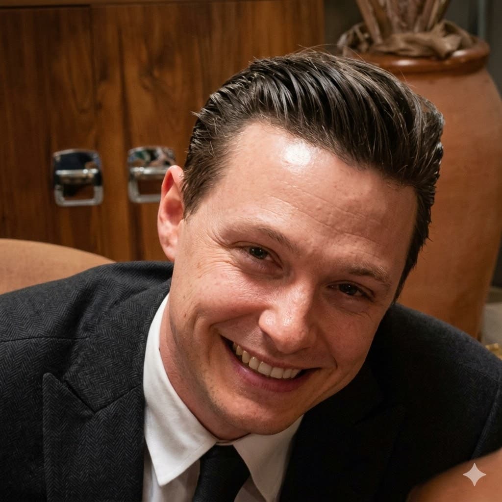 Smiling man with dark slicked-back hair wearing a dark herringbone suit and tie.